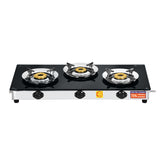 Surya Flame LPG 3 Burner Efficient Glass Gas Stove Manual Ignition Brass Burners & Steel Pan Support With 5 Years Warranty